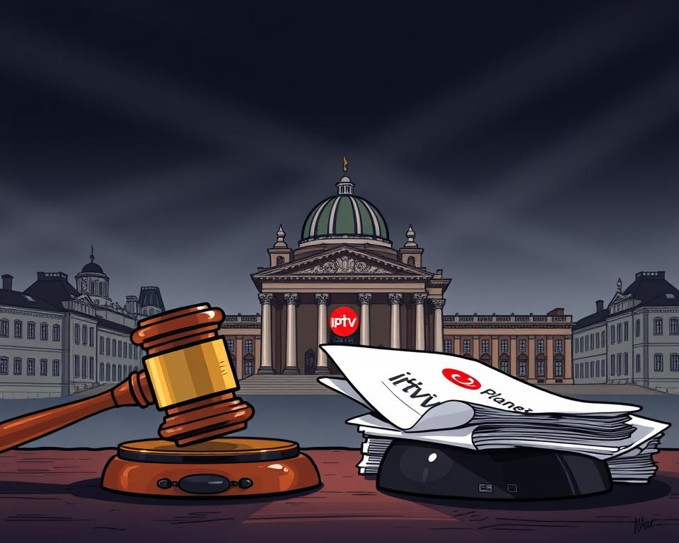 A striking image of the concept of "IPTV Urheberrecht" (IPTV Copyright) in Germany. The foreground features a gavel, symbolizing the legal system, casting a strong shadow on a stack of legal documents. In the middle ground, a Tivi Planet logo is prominently displayed, representing the IPTV service provider. The background depicts a cityscape of Germany, with iconic landmarks like the Reichstag building, conveying the local context. The lighting is dramatic, with deep shadows and highlights, creating a somber and authoritative atmosphere. The overall composition and color palette evoke a sense of the gravity and complexity surrounding the legal aspects of IPTV in Germany.