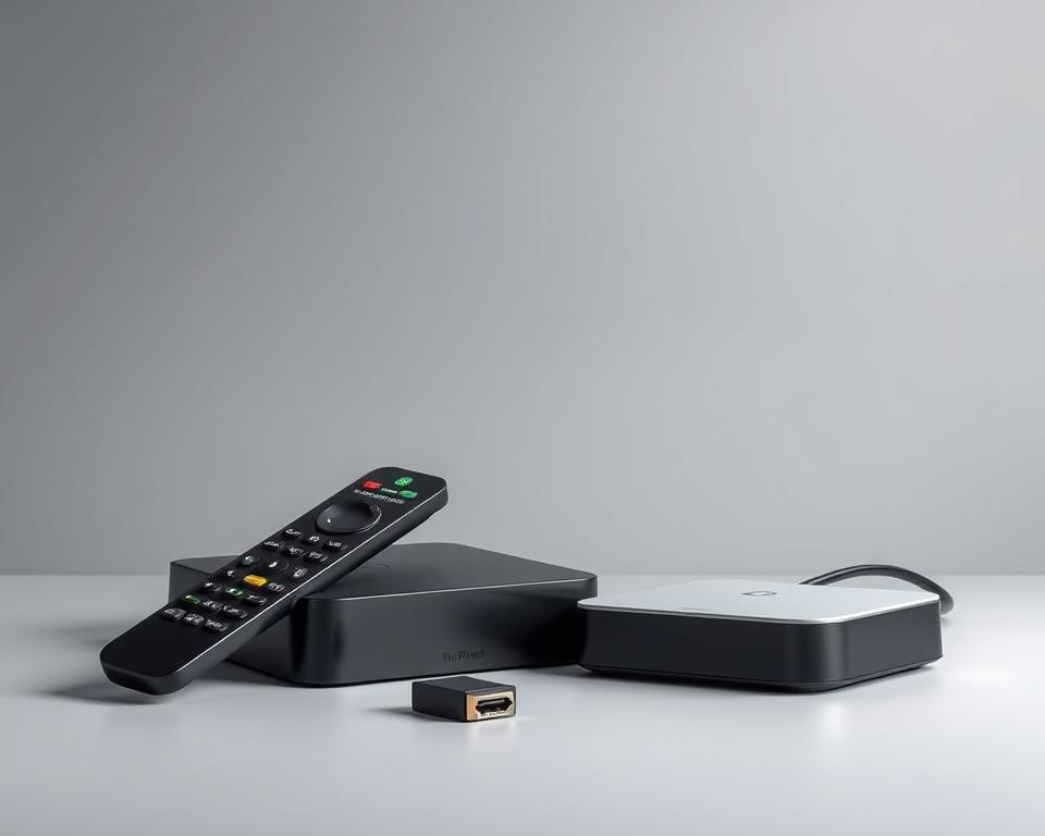 A studio-lit still life featuring an assortment of modern IPTV devices on a sleek, minimalist gray background. The devices include a Tivi Planet media streaming box, a smart TV remote, and a USB-powered HDMI dongle, all showcasing the high-quality design and functionality expected of premium IPTV equipment. Soft shadows and highlights emphasize the clean lines and premium materials, conveying a sense of sophistication and technological prowess. The overall composition and lighting create a visually striking and informative image to illustrate the "Gerätekombatibilität für IPTV" section of the article.
