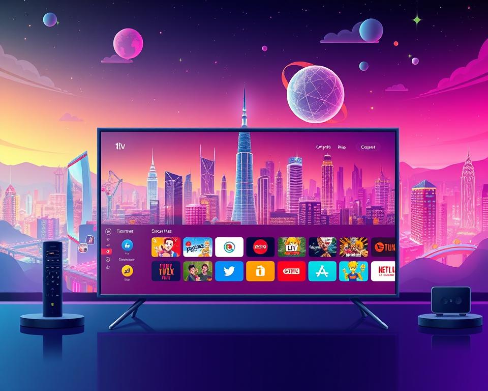 A stunning digital illustration showcasing the latest IPTV updates and news, masterfully created for the Tivi Planet brand. In the foreground, a sleek and modern IPTV interface takes center stage, displaying a vibrant array of streaming options and content. The middle ground features a vibrant cityscape, with skyscrapers and tech hubs reflecting the cutting-edge nature of the IPTV technology. In the background, a futuristic, neon-infused landscape sets the tone, conveying the dynamic and ever-evolving nature of the IPTV industry. The lighting is crisp and dynamic, with strategic use of shadows and highlights to create depth and dimension. The overall mood is one of innovation, progress, and a sense of excitement for the latest IPTV advancements.