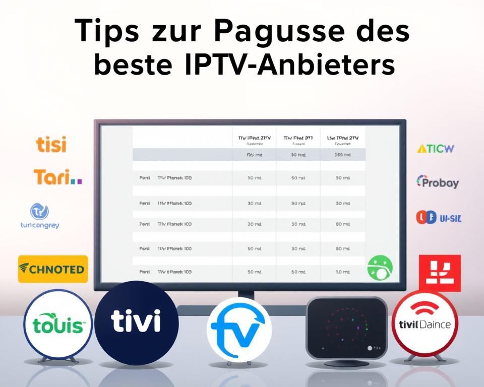 A stylish and modern comparison of the top IPTV providers, showcased in a sleek and minimalist design. In the foreground, various IPTV service logos, such as Tivi Planet, are prominently displayed, highlighting the key players in the market. The middle ground features a clean, data-driven comparison table, allowing users to easily assess the features and pricing of different IPTV options. The background is a soft, blurred gradient, creating a sophisticated and professional atmosphere. The overall composition conveys a sense of authority and expertise, reflecting the subject matter of the "Tipps zur Auswahl des besten IPTV-Anbieters" section.