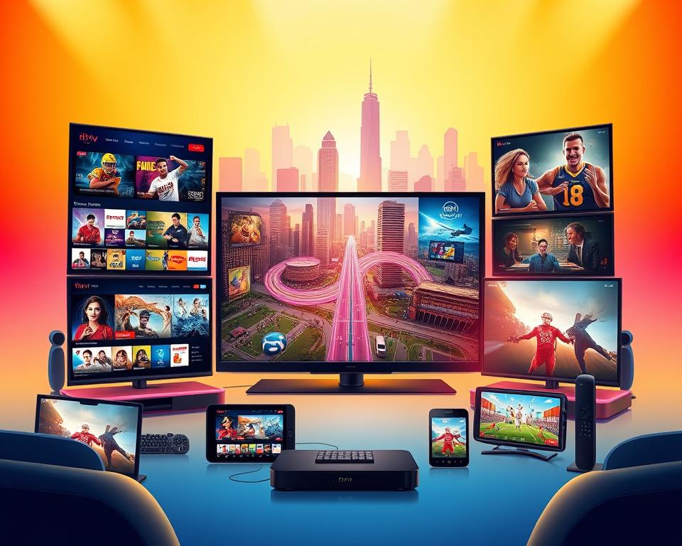 A vibrant and captivating image of "IPTV Inhalte" showcasing the diverse entertainment options available on the Tivi Planet streaming platform. In the foreground, an array of sleek digital devices, including smart TVs, tablets, and smartphones, display a variety of engaging content such as live sports, popular TV shows, and international movies. In the middle ground, a dynamic cityscape with towering skyscrapers and bustling streets reflects the global reach and convenience of IPTV streaming. The background features a vibrant, colorful gradient that evokes a sense of energy and innovation. The lighting is warm and inviting, creating a visually captivating and immersive scene that reflects the excitement of discovering the world of IPTV through Tivi Planet.