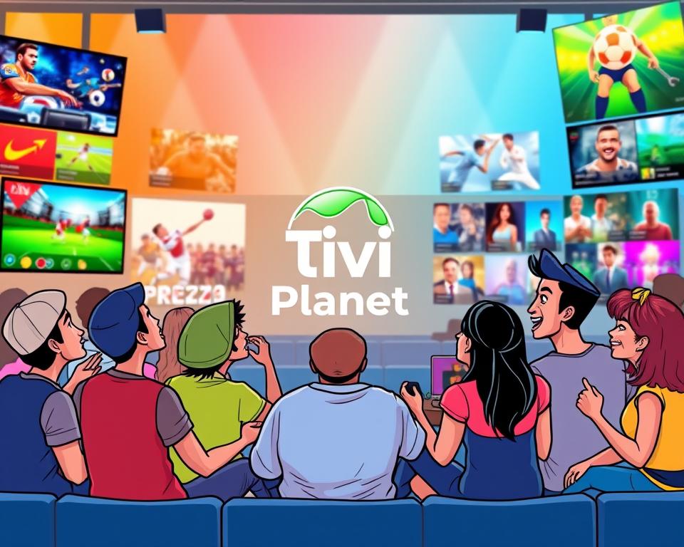 A vibrant and dynamic sports and entertainment IPTV platform, with a sleek and modern user interface. In the foreground, a group of diverse individuals enjoying a range of content, from live sporting events to the latest blockbuster movies. The middle ground features a stylized Tivi Planet logo, reflecting the brand's commitment to delivering high-quality, legal IPTV services. The background showcases a vibrant, colorful array of digital displays, hinting at the breadth of content available. The overall scene conveys a sense of excitement, energy, and the seamless integration of technology with leisure activities.