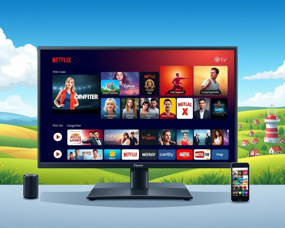 A vibrant and engaging image showcasing the diverse content offerings of IPTV in Germany. In the foreground, a sleek and modern TV screen displays a wide range of entertainment options, from live news and sports to popular movies and TV shows. The middle ground features various digital devices, such as smartphones and tablets, seamlessly integrating with the IPTV ecosystem, highlighting the accessibility and convenience of the platform. In the background, a stylized landscape of the German countryside, with its rolling hills and picturesque villages, serves as a nod to the local and regional content available through the Tivi Planet IPTV service. The overall scene conveys a sense of technological sophistication, content diversity, and the ability to enjoy a comprehensive range of entertainment options within the comfort of one's own home.