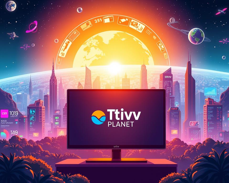 A vibrant and futuristic landscape showcasing the evolution of IPTV. In the foreground, a large, high-definition screen displays the Tivi Planet logo, surrounded by a sleek, minimalist interface. The middle ground features a city skyline, with skyscrapers and high-tech infrastructure, symbolizing the integration of IPTV into modern living. In the background, a colorful and dynamic display of data visualizations, streaming content, and satellite imagery conveys the vast potential of IPTV and the future of television. The scene is illuminated by a warm, cinematic lighting, creating a sense of energy and innovation. The overall composition communicates the transformative impact of IPTV on the television landscape.