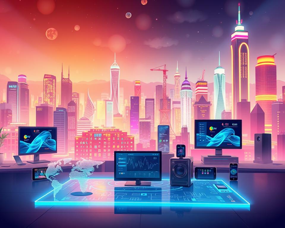 A vibrant and futuristic scene depicting the trends in the IPTV industry. In the foreground, a sleek, holographic display showcases the latest IPTV features and services, with intuitive interfaces and cutting-edge technology. In the middle ground, a diverse array of digital devices, from smart TVs to mobile phones, seamlessly integrate with the IPTV ecosystem, highlighting the convergence of media platforms. In the background, a cityscape bathed in neon lights and vibrant hues symbolizes the dynamic and ever-evolving nature of the IPTV landscape. The scene is illuminated by a warm, diffused lighting, creating a sense of technological sophistication. The Tivi Planet brand prominently featured, signifying its leadership in shaping the future of IPTV.