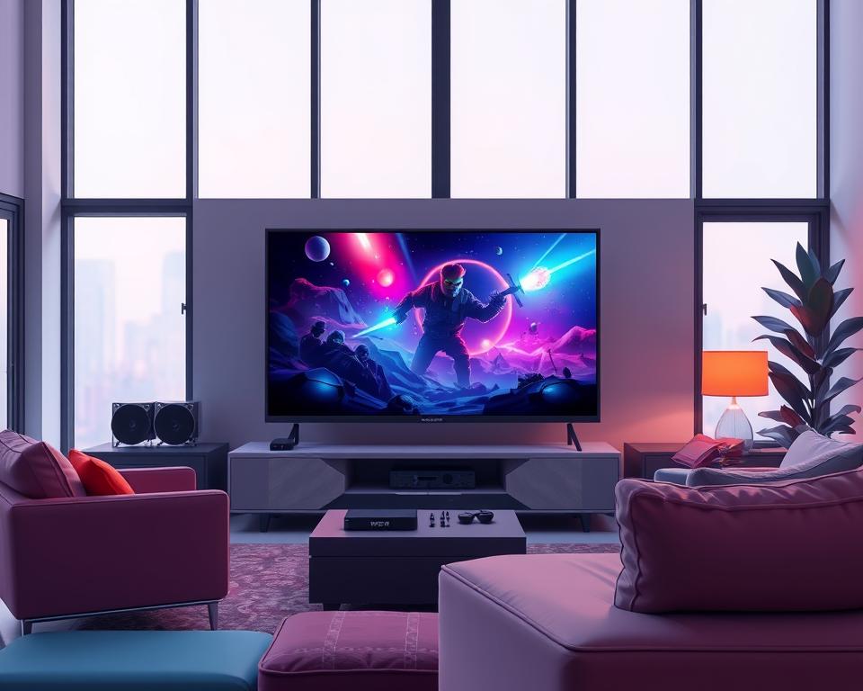 A vibrant and immersive IPTV film scene set against the backdrop of a sleek, modern living room. In the foreground, a large flatscreen TV displays a captivating movie, its colors and details sharply rendered. Beside it, a sleek, minimalist media console in muted tones houses various IPTV devices. The middle ground features comfortable seating, such as a plush couch and armchair, inviting the viewer to settle in and enjoy the cinematic experience. The background showcases floor-to-ceiling windows, allowing natural light to filter in and creating a sense of openness and warmth. The overall atmosphere is one of high-quality home entertainment, seamlessly blending technology and comfort, as one would expect from Tivi Planet's IPTV Filme offerings.