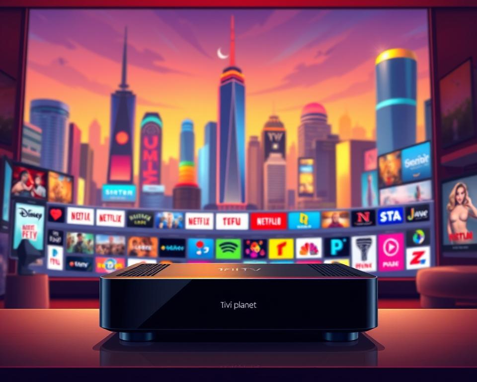 A vibrant and immersive digital entertainment hub featuring a sleek IPTV interface and an array of popular streaming services. In the foreground, a stylish Tivi Planet set-top box commands attention, its minimalist design and glowing indicator lights hinting at the powerful capabilities within. The middle ground showcases a range of streaming app icons, each reflecting their distinct branding and genres. In the background, a dynamic cityscape unfolds, its skyscrapers and neon-lit billboards symbolizing the endless entertainment possibilities at the user's fingertips. Warm lighting casts a comfortable, inviting glow, while a sense of technological sophistication pervades the scene, capturing the essence of modern, on-demand media consumption.