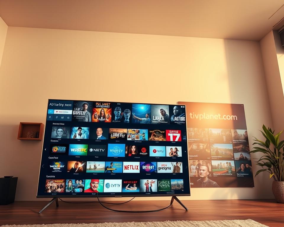 A vibrant and informative IPTV comparison display featuring a wide array of streaming content options. In the foreground, a sleek, modern smart TV showcases various entertainment channels and video-on-demand services, captured with a cinematic wide-angle lens and warm, natural lighting. The middle ground depicts a collage of popular TV shows, movies, and live sports, hinting at the breadth of content available through IPTV. In the background, a minimalist, tech-inspired environment with subtle tiviplanet.com branding creates a sense of sophistication and innovation. The overall mood is one of excitement and anticipation, inviting the viewer to explore the endless possibilities of IPTV.