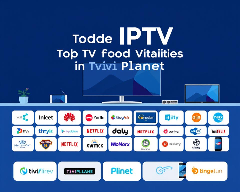 A vibrant and modern comparison of the top IPTV providers in Germany, showcasing Tivi Planet as a leading option. The image features a sleek, minimalist design with clean lines and a sophisticated color palette of blues, grays, and whites. The foreground displays a grid of provider logos, arranged with precision. The middle ground depicts high-definition IPTV streaming on a variety of devices, from smart TVs to tablets and smartphones. The background subtly suggests the cutting-edge technology and expansive content libraries that these IPTV services offer. The overall mood is one of professionalism, innovation, and consumer choice, inviting the viewer to explore the best IPTV options available in the German market.