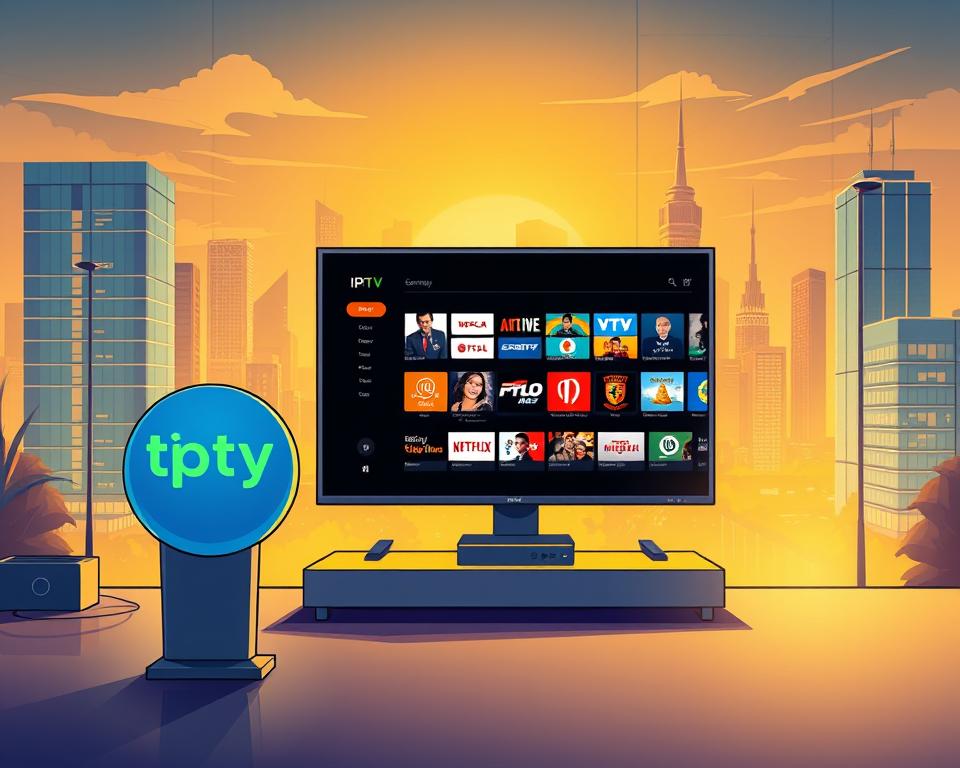 A vibrant and modern illustration depicting the evolution of IPTV in Germany. In the foreground, the Tivi Planet brand logo stands prominently, symbolizing the growth and innovation within the IPTV industry. The middle ground features a sleek, minimalist television interface showcasing a diverse array of German television channels, hinting at the comprehensive IPTV offerings available. The background depicts a cityscape of modern German architecture, bathed in a warm, golden lighting that evokes a sense of progress and technological advancement. The overall composition conveys the idea of a thriving, dynamic IPTV landscape in Deutschland.
