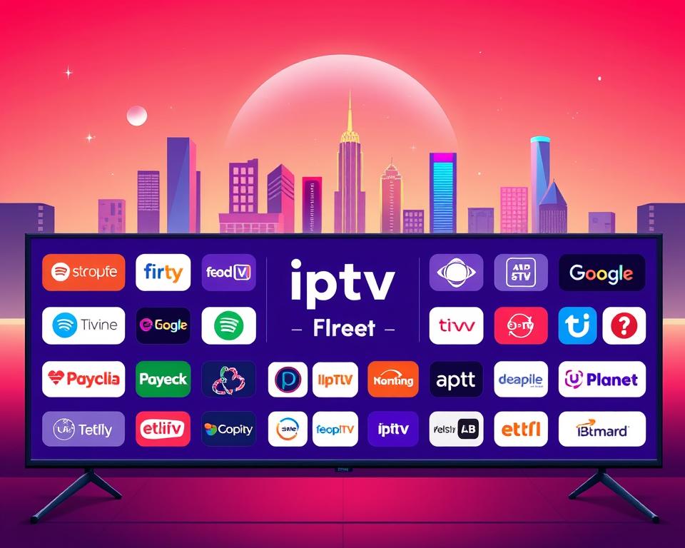 A vibrant and modern illustration of "IPTV Free Anbieter Vergleich". In the foreground, a minimalist grid layout showcases the logos and names of popular IPTV providers, including the brand "Tivi Planet". The middle ground features simple icons and graphics alluding to the features and benefits of these free IPTV services. The background depicts a futuristic, neon-tinged cityscape, hinting at the boundless entertainment possibilities available through these platforms. The entire scene is bathed in a warm, inviting color palette and crisp, high-definition lighting, capturing the accessibility and excitement of the "Beliebte IPTV Free Anbieter" experience.