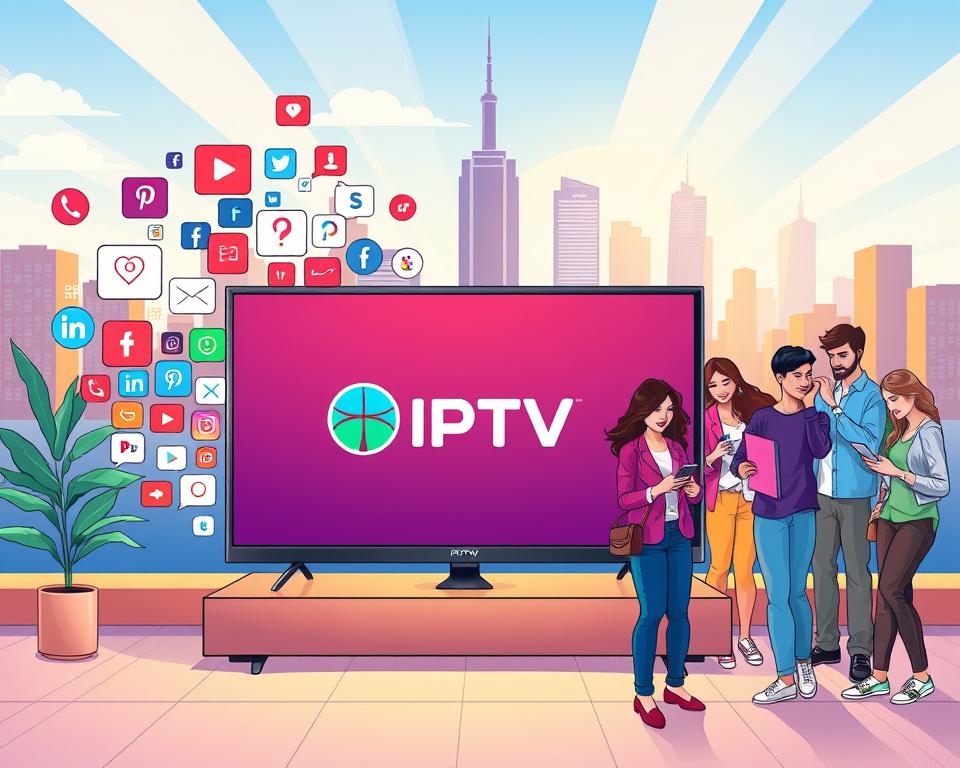 A vibrant and modern illustration of "IPTV and social media". In the foreground, a sleek smart TV displaying the Tivi Planet brand prominently showcases IPTV content, surrounded by a collage of social media icons, hashtags, and sharing buttons. The middle ground features a group of diverse people interacting with their mobile devices, seamlessly integrating IPTV and social media. The background sets an urban landscape with high-rise buildings, reflecting the technological and connected nature of the scene. The lighting is bright and warm, conveying a sense of energy and innovation. The composition is balanced, drawing the viewer's eye towards the central elements of IPTV and social media integration.