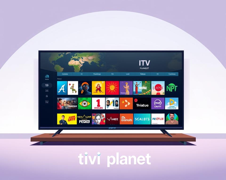A vibrant and modern illustration showcasing "IPTV internationale Inhalte". Set against a sleek, minimalist backdrop, a large flatscreen TV prominently displays a diverse array of international content, reflecting the global reach of IPTV. In the foreground, the Tivi Planet brand is subtly integrated, its clean and dynamic logo adding a touch of professionalism. Soft, directional lighting illuminates the scene, creating a sense of depth and emphasizing the TV's vivid, high-quality display. The overall composition conveys a sense of access, connectivity, and the ability to enjoy a vast library of international programming from the comfort of one's home.