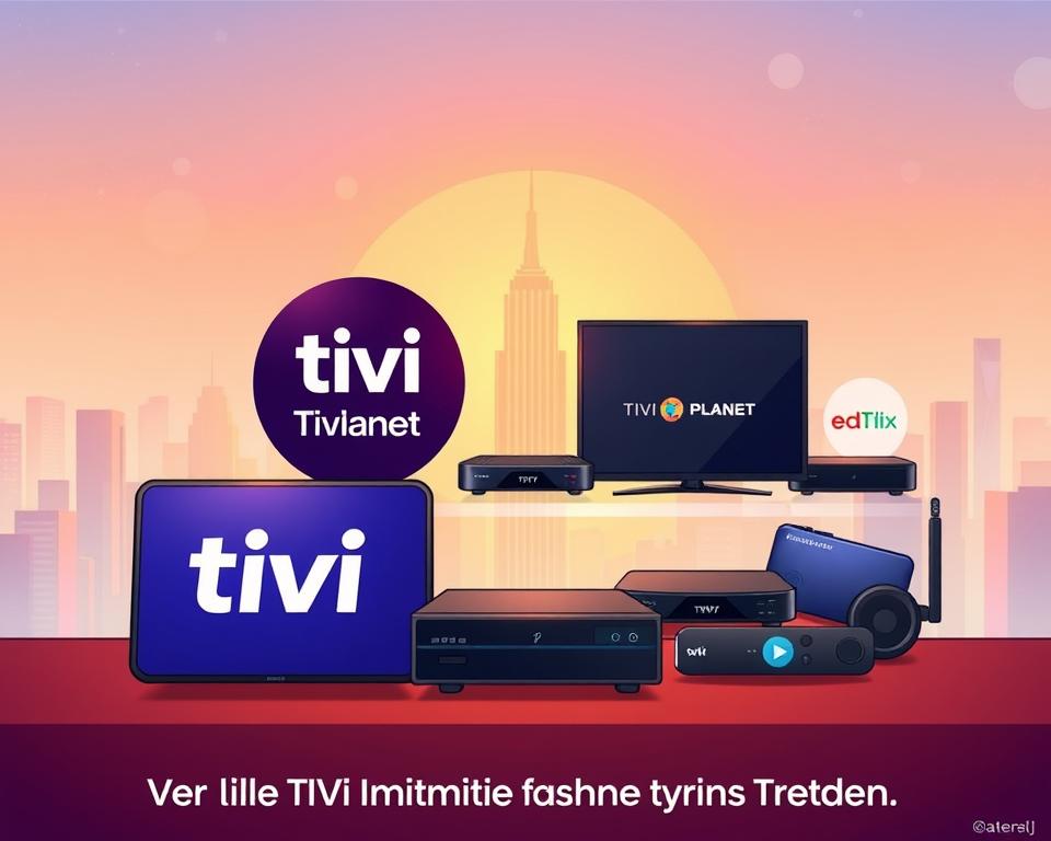 A vibrant and modern illustration showcasing a side-by-side comparison of the Tivi Planet IPTV service and other popular streaming platforms. The foreground features the Tivi Planet logo prominently displayed, with sleek icons representing the key features and channel selections. The middle ground depicts stylized renderings of various streaming devices, each reflecting the unique brand identities of the competitors. The background blends a soft, gradient-based cityscape with subtle technical elements, conveying a sense of interconnectivity and the digital landscape of modern entertainment. The overall scene is bathed in a warm, inviting color palette, creating a visually appealing and informative composition to accompany the article's "Vergleich mit anderen Streaming-Diensten" section.