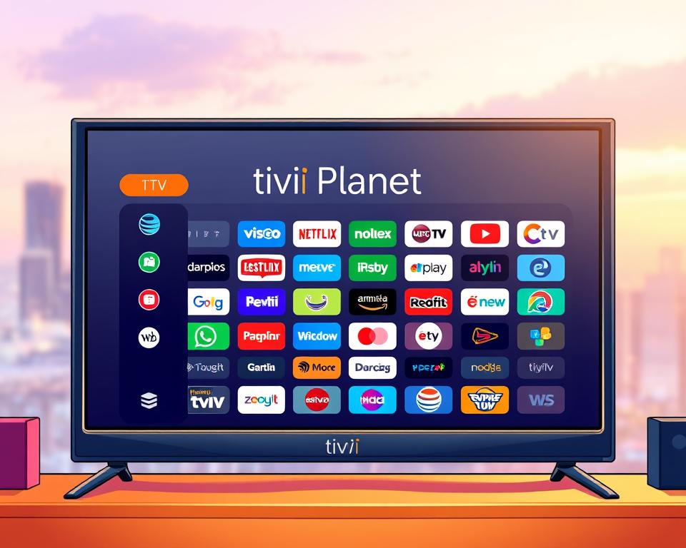A vibrant and sleek digital display showcasing the "Tivi Planet" brand, highlighting the best IPTV channels in Germany. The screen features a clean, modern interface with a grid of colorful channel logos, each crisp and well-defined. The display is set against a softly blurred background, perhaps a city skyline or a scenic landscape, conveying a sense of connectivity and digital entertainment. The lighting is warm and inviting, creating a welcoming atmosphere. The overall composition is balanced, drawing the viewer's attention to the channel selection in a visually appealing manner.