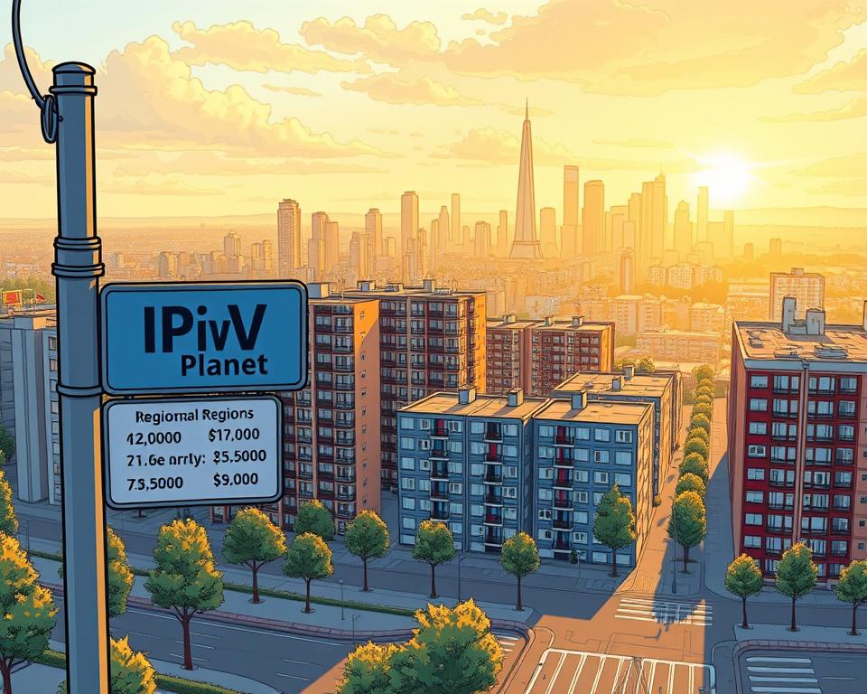 A vibrant cityscape depicting the varying IPTV costs across different regions of Germany. In the foreground, a street sign for "Tivi Planet" showcases the diverse offerings and pricing models. The midground features rows of modern apartment buildings, each representing the regional disparities in IPTV subscription fees. The background is a panoramic view of the city skyline, bathed in warm, golden lighting that evokes a sense of prosperity and opportunity. The overall composition highlights the nuanced landscape of IPTV costs, inviting the viewer to explore the financial considerations within this evolving digital landscape.