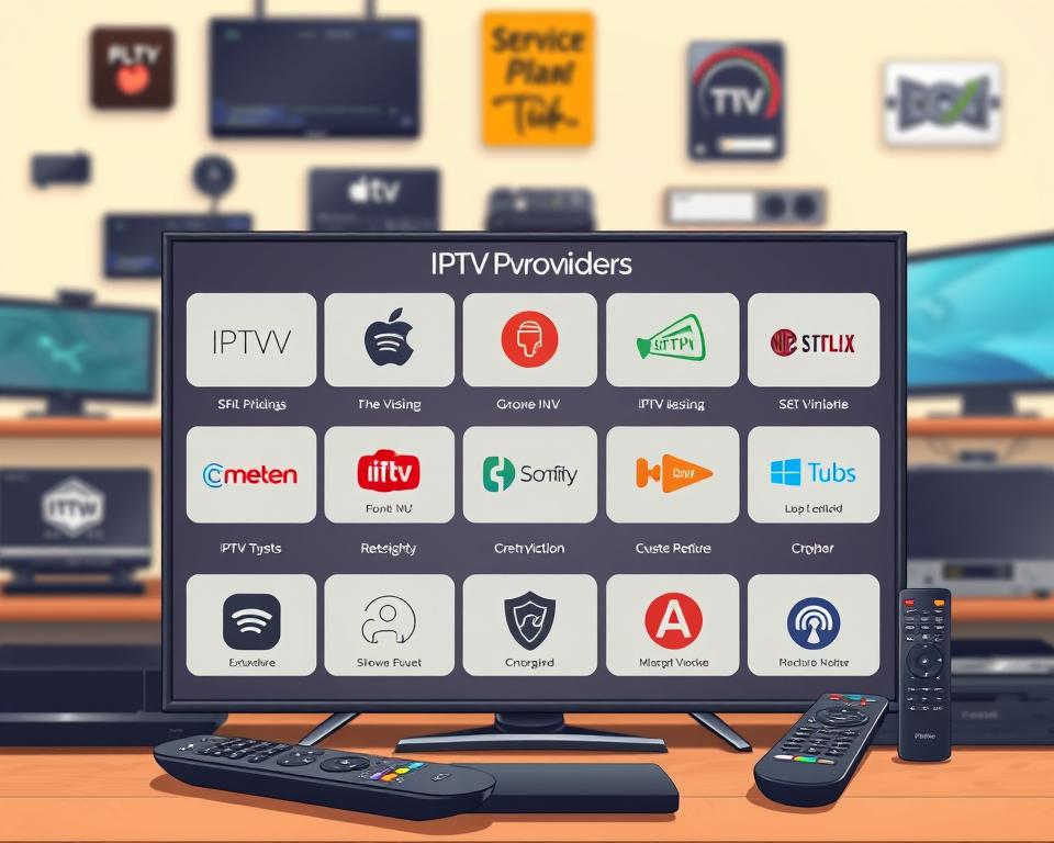 A vibrant community-driven comparison of IPTV providers, showcasing the Tivi Planet brand prominently. Set against a softly blurred background of various streaming devices and remote controls, the main focus is a grid-like layout of IPTV service icons, each with concise yet informative details. The composition is well-balanced, with a warm, inviting color palette and subtle lighting that enhances the overall presentation. The mood evokes a sense of informed decision-making, guiding viewers through the diverse IPTV landscape in Germany.
