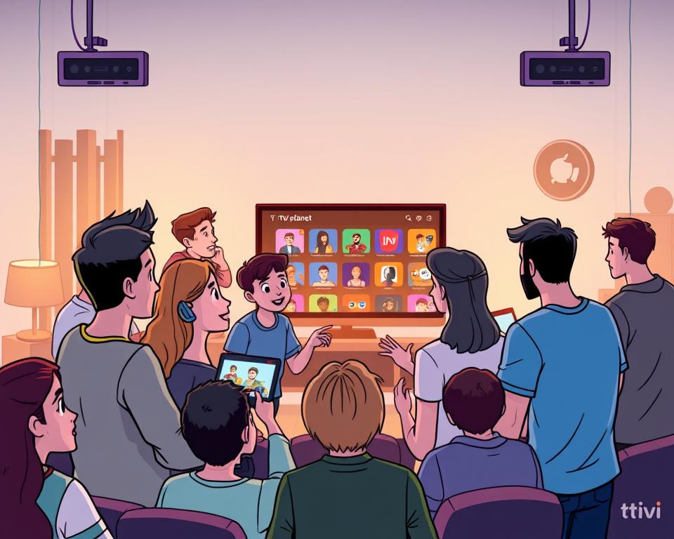 A vibrant community of IPTV enthusiasts gathered around the Tivi Planet brand, sharing their experiences, tips, and recommendations in a lively online forum. The foreground features a diverse group of people - young and old, tech-savvy and novice users - engaged in friendly discussions, sharing screenshots, and collaborating on troubleshooting. The middle ground showcases the Tivi Planet app interface, sleek and intuitive, with a focus on user-centric design. In the background, a warm, inviting atmosphere is created by soft lighting and a cozy, living room-like setting, reflecting the comfort and convenience of the IPTV service. The overall mood is one of community, discovery, and a shared passion for accessible, high-quality television entertainment.