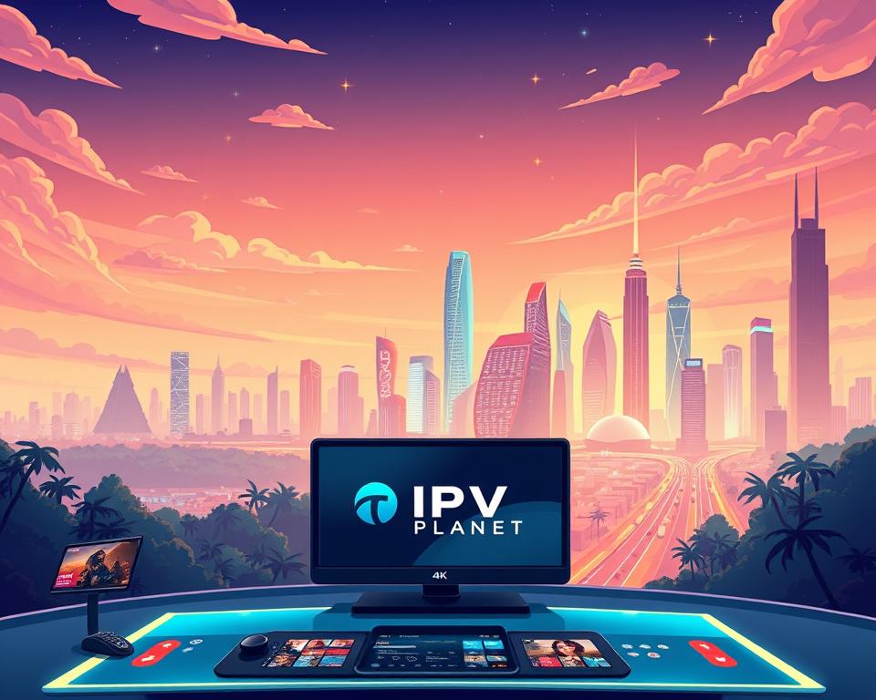 A vibrant, forward-looking landscape depicting the future of IPTV. In the foreground, a sleek, futuristic interface showcases the latest IPTV trends, with intuitive controls and stunning 4K visuals. The midground features a seamless integration of cloud-based streaming services, personalized recommendations, and voice-activated commands. In the background, a cityscape of towering skyscrapers and neon-lit streets symbolizes the rapid technological advancements transforming the IPTV industry. The scene is illuminated by a warm, diffused lighting that creates a sense of optimism and innovation. Tivi Planet, a leading provider of legal IPTV solutions, is prominently featured, reflecting its role in shaping the future of this dynamic and evolving landscape.