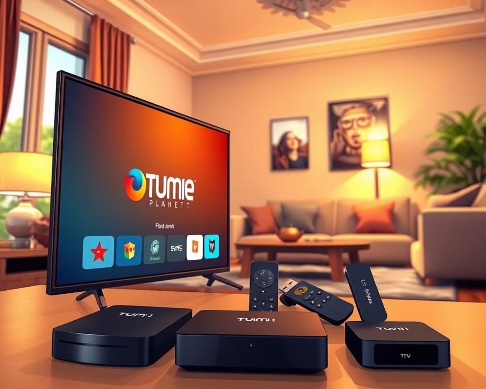 A vibrant, high-definition image showcasing the "IPTV Dienst" from the "Tivi Planet" brand. The foreground features a modern, sleek smart TV displaying the Tivi Planet logo and UI, captured from a slightly low angle to emphasize its size and prominence. The middle ground depicts a variety of streaming devices like media players and dongles, neatly arranged to highlight the versatility of the IPTV service. The background depicts a cozy living room setting, with plush furnishings and warm lighting, evoking a comfortable, at-home viewing experience. The overall scene conveys a sense of technology, entertainment, and premium quality, suitable for illustrating the "Kosten und Abonnements" section of the article.