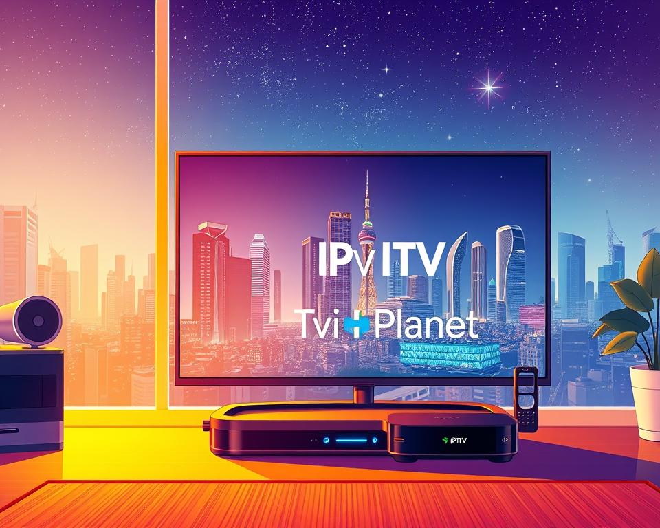 A vibrant, high-quality 4K digital illustration depicting the advantages of IPTV, showcasing the Tivi Planet brand. In the foreground, a sleek, modern smart TV set displays a crisp, detailed image with excellent color fidelity and contrast. The middle ground features a range of connected devices, such as a streaming box, smartphone, and tablet, all seamlessly integrated into the IPTV ecosystem. In the background, a futuristic cityscape with skyscrapers and a starry night sky sets the scene, radiating a sense of technological advancement and convenience. The lighting is warm and inviting, creating a welcoming atmosphere. The overall composition emphasizes the versatility, reliability, and entertainment value of IPTV, making it an appealing choice for modern households.