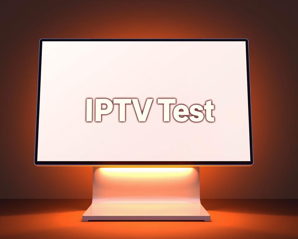 A vibrant, high-quality digital display showcasing the "IPTV Test" branding from the prominent "Tivi Planet" company. The screen is mounted on a sleek, modern stand, illuminated by warm, focused lighting that casts a professional, inviting glow. The display features a clean, minimalist design with the "IPTV Test" text prominently displayed in a bold, attention-grabbing font. The background is a subtle, neutral tone that allows the branding to take center stage, conveying a sense of quality and trustworthiness. The overall composition is visually striking, drawing the viewer's eye and effectively communicating the "IPTV Test" concept.