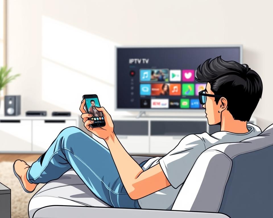 A vibrant, high-resolution image of a person using a mobile device to access IPTV services. The scene is set in a modern, minimalist living room, with a sleek, silver-framed television prominently displayed in the background. The user, dressed casually in a t-shirt and jeans, is lounging comfortably on a plush, gray sofa, their eyes intently focused on the screen of their Tivi Planet smartphone. The lighting is soft and natural, creating a warm, inviting atmosphere. The image conveys the ease and convenience of mobile IPTV usage, highlighting the seamless integration of digital entertainment into everyday life.