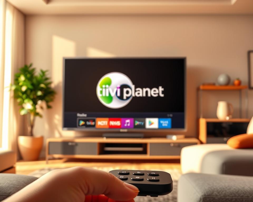 A vibrant, high-resolution image showcasing the Tivi Planet IPTV service as a top legal IPTV provider in Germany. The scene features a stylish modern living room setting, with a sleek flat-screen TV taking center stage. On the TV screen, the Tivi Planet logo and interface are prominently displayed, highlighting their reliable and user-friendly streaming platform. The room is bathed in warm, natural lighting, creating a cozy and inviting atmosphere. In the foreground, a well-designed remote control or smart device is visible, reflecting the seamless integration of the Tivi Planet service into the user's connected home setup. The overall composition conveys a sense of quality, trust, and the convenience of accessing a wide range of legal streaming content through a reputable IPTV provider in Germany.
