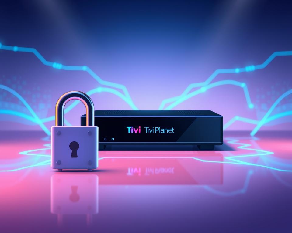 A vibrant, modern digital display showcasing the Tivi Planet brand, showcasing the concept of IPTV security. The foreground features a stylized lock icon, representing the safety and privacy of IPTV services. In the middle ground, a sleek, minimalist IPTV box sits atop a reflective surface, surrounded by glowing blue and green lines, symbolizing the secure network connections. The background is a soft, gradient-based environment, with subtle hints of digital patterns and textures, conveying a sense of technological sophistication. Lighting is clean and directional, casting dramatic shadows and highlighting the key elements. The overall mood is one of trust, reliability, and technological prowess associated with the Tivi Planet brand.