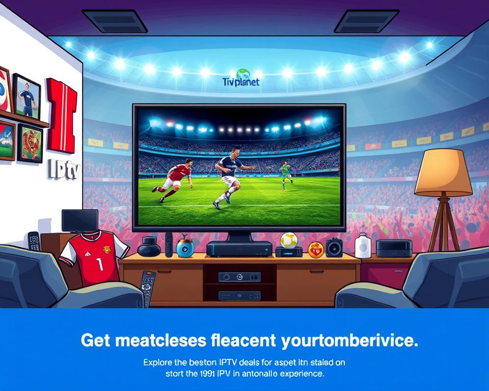 A vibrant sports-themed scene showcasing IPTV offers for passionate fans. In the foreground, a large flat-screen TV displays an intense soccer match, its image crisp and lifelike. Surrounding the TV, sports memorabilia, team jerseys, and a variety of remote controls and streaming devices create an immersive home entertainment setup. In the middle ground, a cozy living room with plush seating and a Tivi Planet logo on the wall, inviting viewers to explore the best IPTV deals for sports enthusiasts. The background features a stadium-like atmosphere, with the roar of the crowd and the glow of colorful lights, setting the mood for an unparalleled viewing experience.