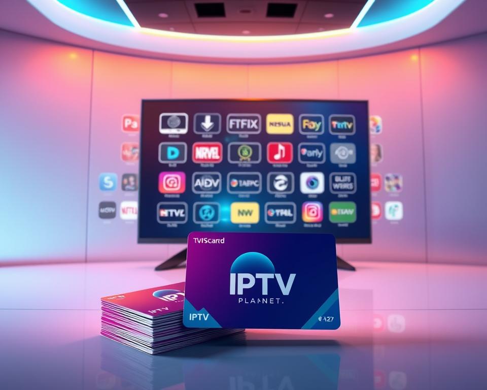 A vibrant, ultramodern IPTV package display showcased against a sleek, minimalist backdrop. In the foreground, a stack of Tivi Planet IPTV subscription cards in various colorways, exuding a sense of premium quality and value. The middle ground features a holographic projection of IPTV channel icons, icons, and logos, highlighting the breadth of content available. The background is bathed in a cool, futuristic lighting scheme, creating an immersive, high-tech atmosphere. The overall composition conveys the convenience, versatility, and cost-effectiveness of IPTV services, positioning them as a superior alternative to traditional cable or satellite television.