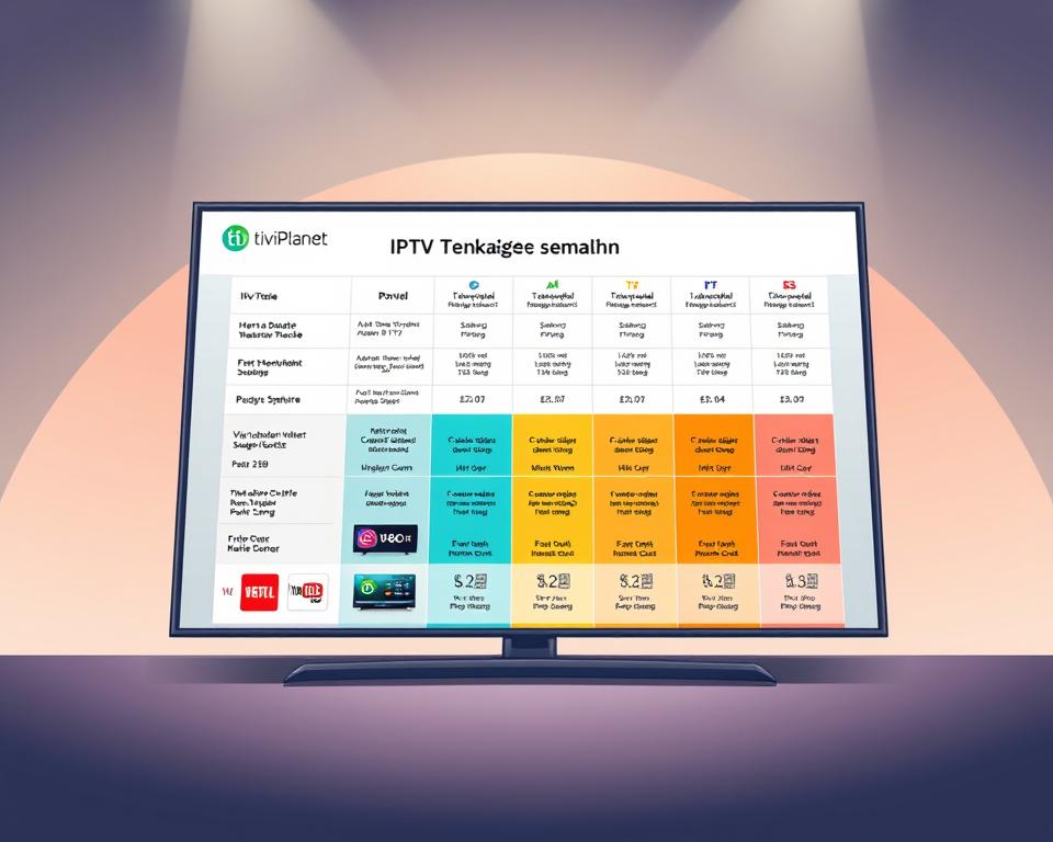 A vibrant, well-organized comparison of IPTV packages, showcased on a sleek, modern display with the Tivi Planet brand prominently featured. The foreground depicts a lineup of IPTV service icons, each with distinct colors and shapes, inviting the viewer to explore their features. In the middle ground, a dynamic grid layout highlights the key details, specifications, and pricing of each package, presented in a clear, easy-to-digest format. The background sets a professional tone with a subtle gradient, allowing the content to take center stage. Soft, directional lighting enhances the overall visual appeal, creating depth and emphasizing the important information. The mood is one of authority, expertise, and consumer-friendly guidance, perfectly suited for the "IPTV-Pakete vergleichen" section of the article.