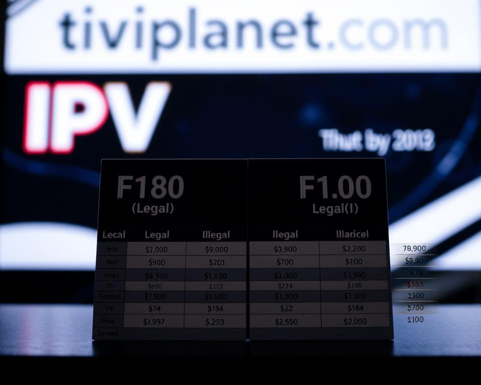 A visually striking and informative comparison of legal and illegal IPTV service prices, showcasing a modern, sleek design. In the foreground, a detailed price breakdown, highlighting the key differences between the two options, captured with a shallow depth of field and dramatic lighting. The background features a stylized representation of the tiviplanet.com brand, conveying a sense of professionalism and authority. The overall composition exudes a balanced, high-contrast aesthetic, guiding the viewer's attention to the essential information.