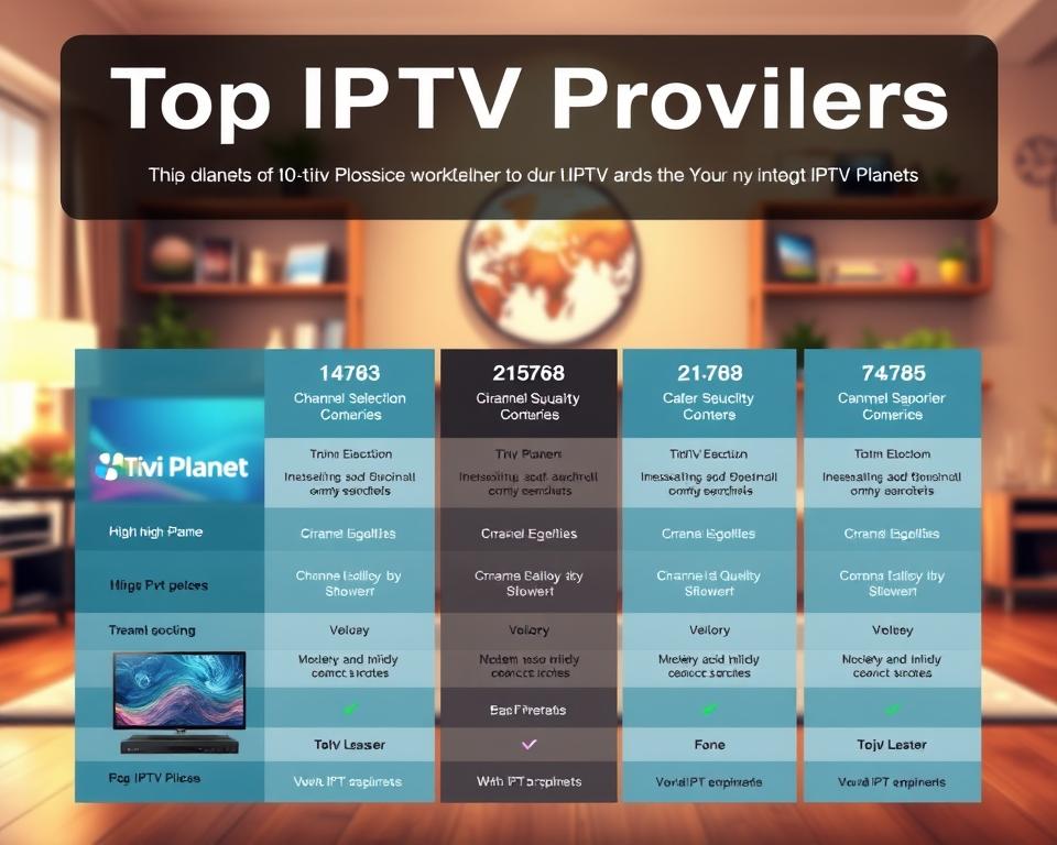 A visually striking comparison of top IPTV providers, showcasing their offerings and features in a sleek, modern layout. Set against a softly blurred background of a cozy living room, the foreground features a series of crisp product shots highlighting the Tivi Planet brand's high-quality IPTV service, displayed on various devices. The middle ground showcases detailed side-by-side comparisons of key metrics like channel selection, streaming quality, and customer support, allowing the viewer to easily assess the providers. The lighting is warm and inviting, drawing the eye to the clean, informative layout. The overall mood conveys a sense of confidence and authority, guiding the viewer towards making an informed decision about their IPTV service.