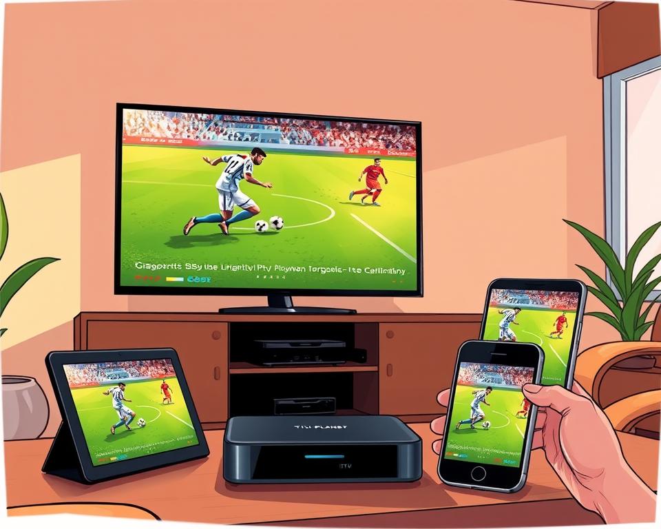 A well-lit and modern living room setting, with a Tivi Planet IPTV streaming device prominently displayed on a media cabinet. On the large flatscreen TV, a soccer match is playing, with players in vivid motion. Nearby, a tablet and smartphone also show the same live sports event, demonstrating the multi-device capabilities of IPTV. The room is bathed in warm, natural lighting, creating a cozy and immersive atmosphere for the sports viewing experience. The composition emphasizes the seamless integration of IPTV technology across various screens, enabling the viewer to enjoy live sports on their device of choice.
