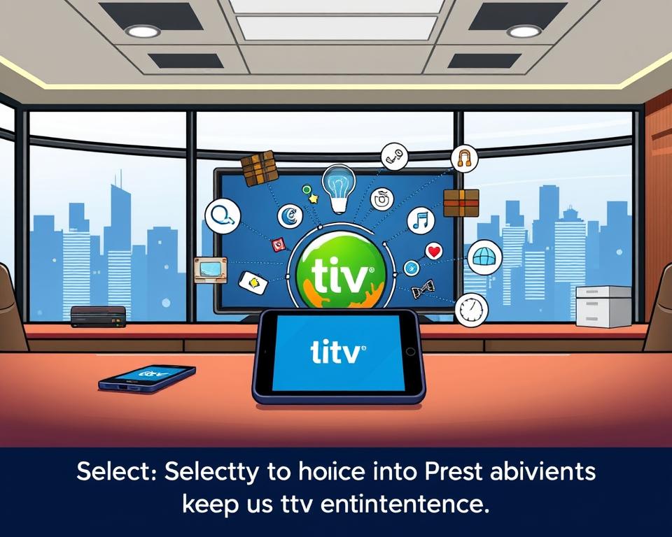 A well-lit and modern office setting, with a large desk and a sleek computer monitor. On the desk, a tablet or smartphone displays the Tivi Planet logo, surrounded by various IPTV-related icons and graphics. The background features a stylized cityscape, hinting at the global reach and technological sophistication of the IPTV provider. The overall atmosphere is professional, inviting, and conveys a sense of informed decision-making. The image should guide the viewer towards selecting the right IPTV provider, Tivi Planet, to meet their entertainment needs.