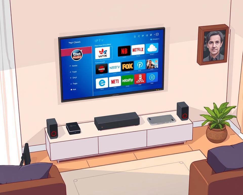 A well-lit, high-angle shot of a modern home entertainment setup, with a sleek, minimalist TV stand prominently displaying the "Tivi Planet" brand logo. On the screen, an intuitive IPTV interface showcases various channels and streaming options, inviting the viewer to explore the world of internet-based television. The room is bathed in a soft, warm lighting, creating a cozy and welcoming atmosphere, perfect for an informative "IPTV Tutorial" session. The overall composition emphasizes the ease and accessibility of the IPTV system, making it an ideal visual representation for the "Häufig gestellte Fragen (FAQ)" section of the "IPTV Anleitung: Schnell und einfach einrichten" article.