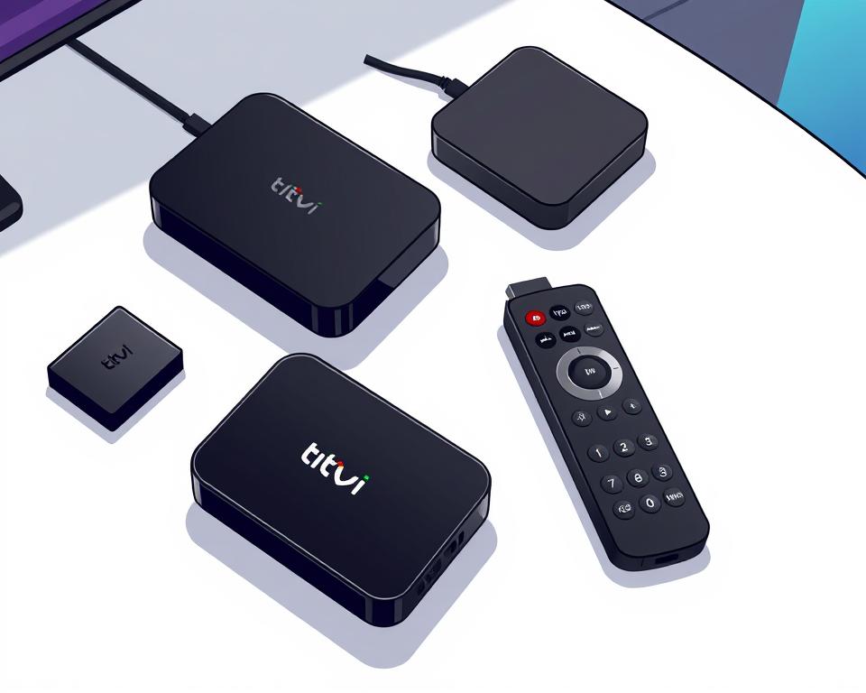 A well-lit, high-angle shot of an assortment of modern IPTV devices, including a sleek black Tivi Planet set-top box, a compact streaming dongle, and a smart TV remote control. The devices are arranged neatly on a minimalist, white tabletop, casting subtle shadows that add depth and dimension. The scene conveys a sense of simplicity and technological sophistication, reflecting the seamless integration of IPTV technology into the modern home entertainment setup. The overall mood is clean, professional, and visually appealing, perfectly suited to illustrate the "Compatible Devices for IPTV" section of the article.