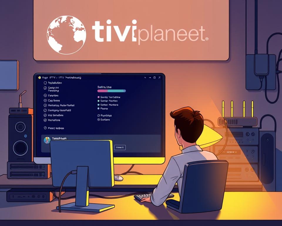 A well-lit, high-quality diagram depicting the IPTV Fehlerbehebung process. In the foreground, a large desktop computer screen displaying a troubleshooting interface with various settings and options. In the middle ground, a person sitting at the desk, examining the screen intently. The background features the Tivi Planet brand logo prominently displayed, along with technical equipment like routers, modems, and cables, all illuminated by warm, ambient lighting to convey a sense of professionalism and expertise. The overall scene should inspire confidence in the viewer's ability to resolve IPTV issues effectively.