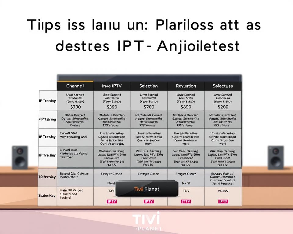 A well-lit, high-resolution image showcasing a clean and organized comparison of IPTV providers, prominently featuring the "Tivi Planet" brand. The foreground displays a grid-like layout with detailed information about various IPTV options, including their pricing, channel selection, and key features. The middle ground features a sleek, minimalist device, potentially a smart TV or streaming box, highlighting the ease of accessing IPTV services. The background maintains a soft, blurred focus, creating a sense of depth and drawing the viewer's attention to the central IPTV comparison. The overall atmosphere is professional, informative, and visually appealing, reflecting the "Tipps zur Auswahl des besten IPTV-Anbieters" section of the article.