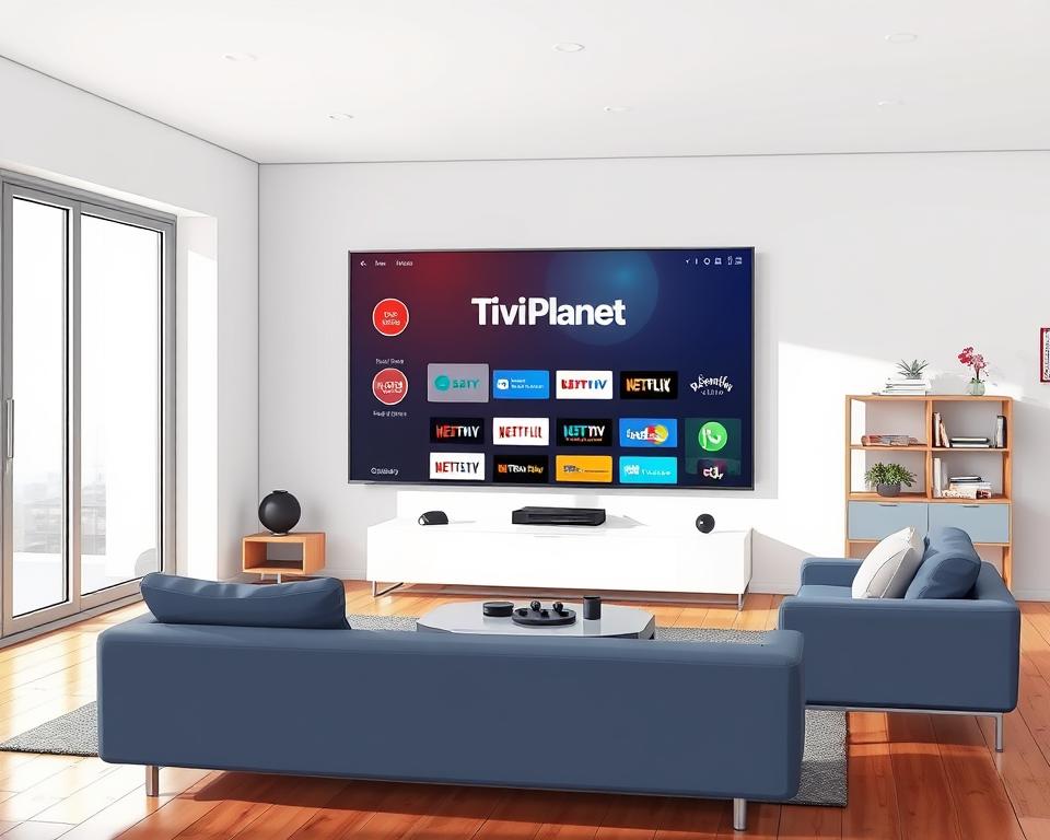 A well-lit, high-resolution photograph of a modern, minimalist home entertainment setup featuring the "Tivi Planet" IPTV service interface displayed on a large flat-screen TV. The TV is situated in a bright, airy living room with large windows, hardwood floors, and modern furniture. The IPTV interface shows a clean, intuitive design with a wide selection of live TV channels and on-demand content. The scene conveys a sense of convenience, entertainment, and the advantages of using a reliable IPTV provider like Tivi Planet in Germany.