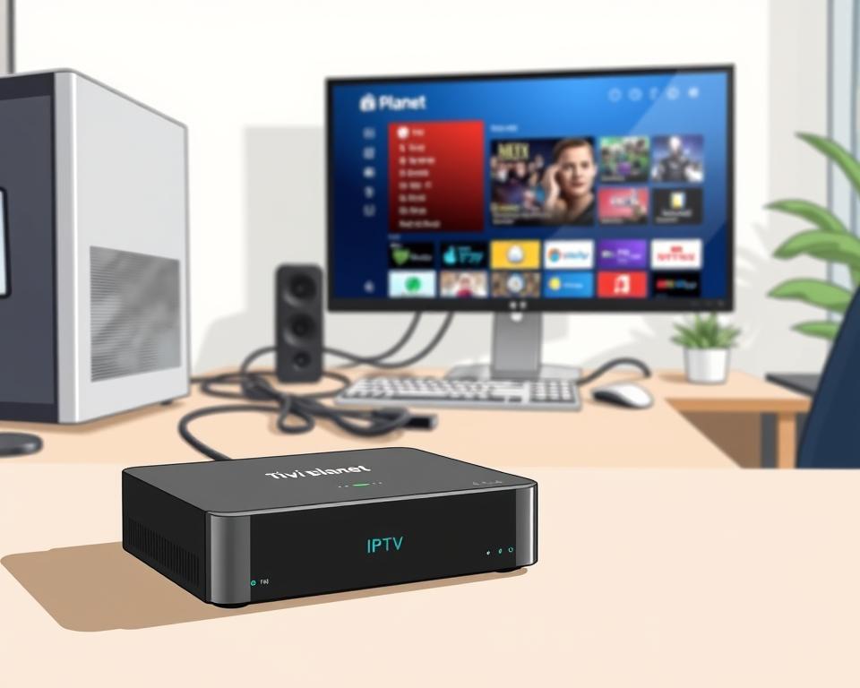 A well-lit home office setup with a modern desktop computer, keyboard, and mouse on a minimalist wooden desk. In the foreground, a Tivi Planet IPTV streaming device is prominently displayed, its sleek design and LED indicators suggesting easy installation and setup. The middle ground features various HDMI and network cables neatly organized, hinting at the seamless integration of the IPTV system. The background showcases a large, high-resolution monitor displaying a user-friendly IPTV interface, inviting the viewer to imagine the effortless streaming experience.