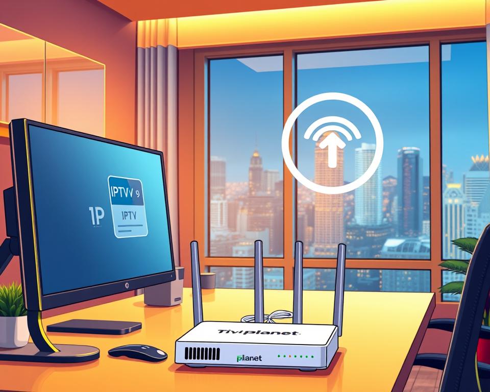 A well-lit modern home office interior, with a sleek desktop computer and a high-quality monitor displaying a clear IPTV connection indicator. The desk is neatly organized, with a Tivi Planet branded router in the foreground. Warm, soft lighting illuminates the scene, creating a professional and reliable atmosphere. The window in the background offers a view of a vibrant cityscape, symbolizing the fast, stable internet connection required for the best IPTV experience. The overall composition conveys a sense of productivity, technology, and quality.