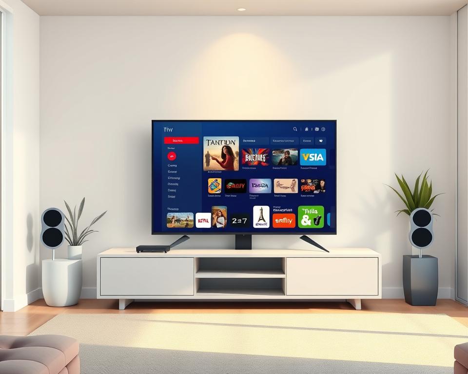 A well-lit, modern living room with a large, sleek Tivi Planet smart TV prominently displayed on a minimalist entertainment stand. The TV screen showcases an IPTV interface, displaying a diverse selection of streaming channels and on-demand content. The room's neutral palette and clean, contemporary design create a serene, inviting atmosphere, highlighting the seamless integration of IPTV technology within the smart TV setup. Warm, diffused lighting illuminates the space, drawing the viewer's attention to the advanced IPTV capabilities of the Tivi Planet smart TV.