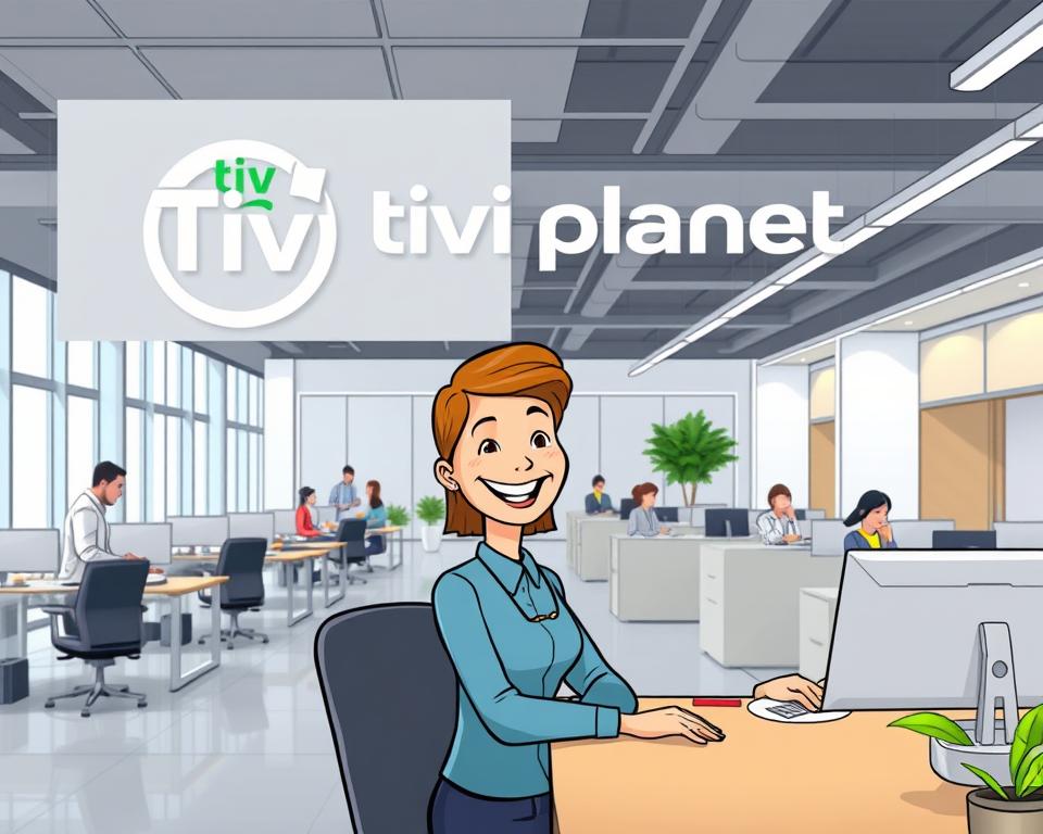 A well-lit, modern office interior with a large "Tivi Planet" logo prominently displayed on the wall. In the foreground, a friendly customer service representative sits at a desk, smiling and assisting a customer. The middle ground features rows of workstations and employees collaborating. The background showcases sleek, minimalist decor with large windows allowing natural light to flood the space, creating a professional and welcoming atmosphere.
