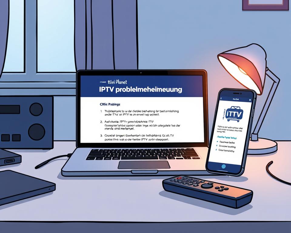 A well-lit office desk with a laptop, smartphone, and remote control prominently displayed. The laptop screen shows a troubleshooting guide for "IPTV Problembehebung", the smartphone displays the Tivi Planet app, and the remote control represents the user's interaction with the IPTV system. The scene conveys a sense of problem-solving and technical support, with a clean, professional atmosphere. Subtle lighting from a window or desk lamp casts a warm glow, creating a calming, reassuring mood.