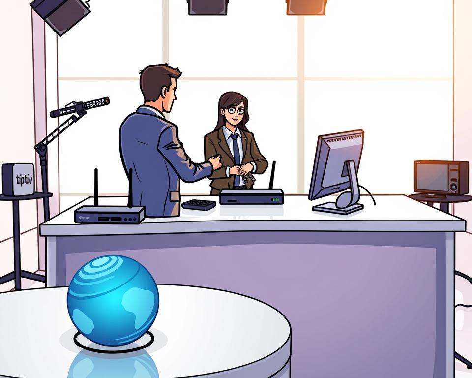 A well-lit studio setting with a modern, minimalist design. In the foreground, a Tivi Planet logo prominently displayed on a sleek, silver desk, surrounded by various IPTV-related devices such as a router, media player, and remote control. The middle ground features a person, dressed in a professional attire, providing assistance and guidance to an IPTV user seated across the desk. The background showcases a clean, airy space with large windows, allowing natural light to flood the scene, creating a warm and inviting atmosphere. The overall mood conveys a sense of expertise, reliability, and customer-centric service.