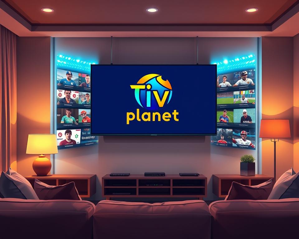 A wide-angle shot of a cozy living room with a large flat-screen TV mounted on the wall. The TV screen displays the vibrant logo of "Tivi Planet", a leading IPTV service provider, against a backdrop of various sports channels and live broadcasts. The room is bathed in warm, ambient lighting, creating a welcoming and immersive atmosphere for sports enthusiasts. In the foreground, a comfortable sofa and armchair invite viewers to settle in and enjoy the exciting IPTV sports programming. The overall scene conveys the idea of a premium, high-quality IPTV experience tailored for sports fans.