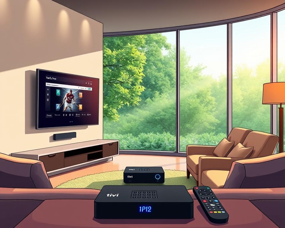 A wide-angle view of a sleek, modern living room with a large flatscreen TV mounted on the wall. In the foreground, a couch and armchair face the TV, creating a comfortable viewing area. The middle ground features a Tivi Planet set-top box and a variety of remote controls, showcasing the range of live sport streaming options available. The background reveals a lush, green outdoor scene visible through large windows, suggesting a serene, relaxing atmosphere. The lighting is soft and warm, creating a welcoming ambiance. The scene conveys the idea of seamlessly blending live sport viewing with on-demand entertainment in a high-tech, yet cozy home environment.