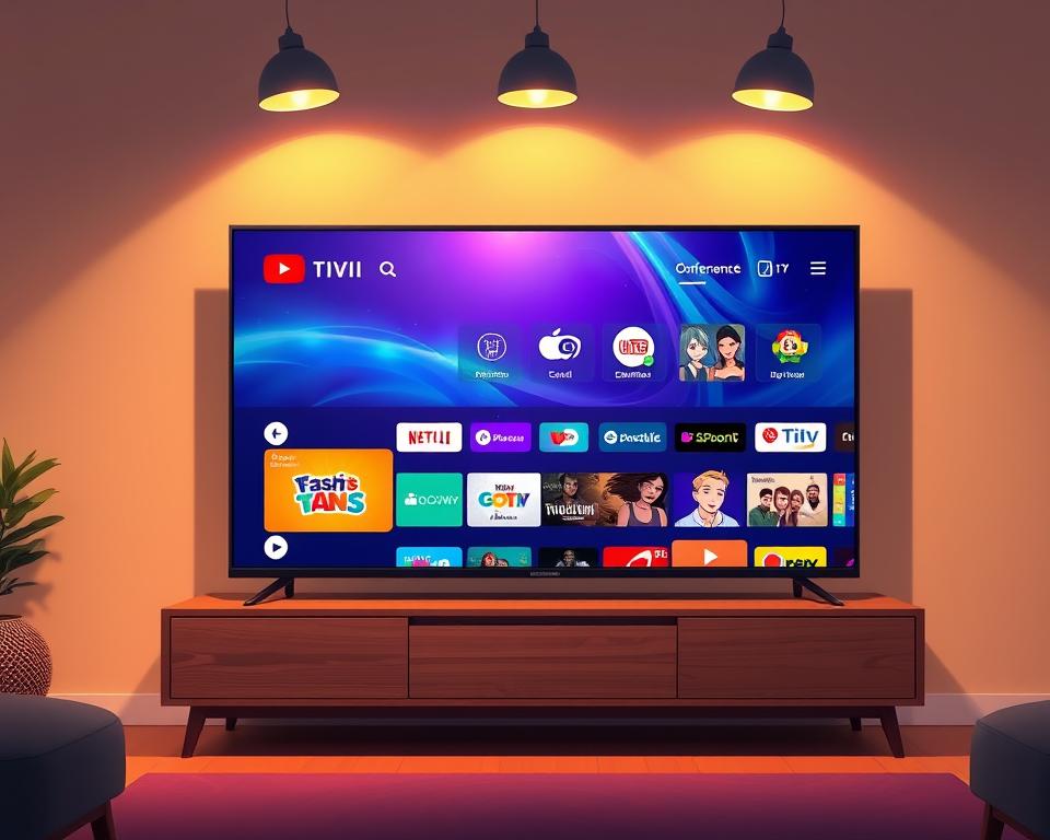 A wide-screen Smart TV displaying the Tivi Planet IPTV interface, showcasing a vibrant selection of live TV channels and on-demand content. The TV is placed on a modern, minimalist wooden entertainment stand, bathed in warm, soft lighting from overhead fixtures. The scene exudes a cozy, relaxed atmosphere, inviting the viewer to imagine themselves immersed in the seamless IPTV experience.